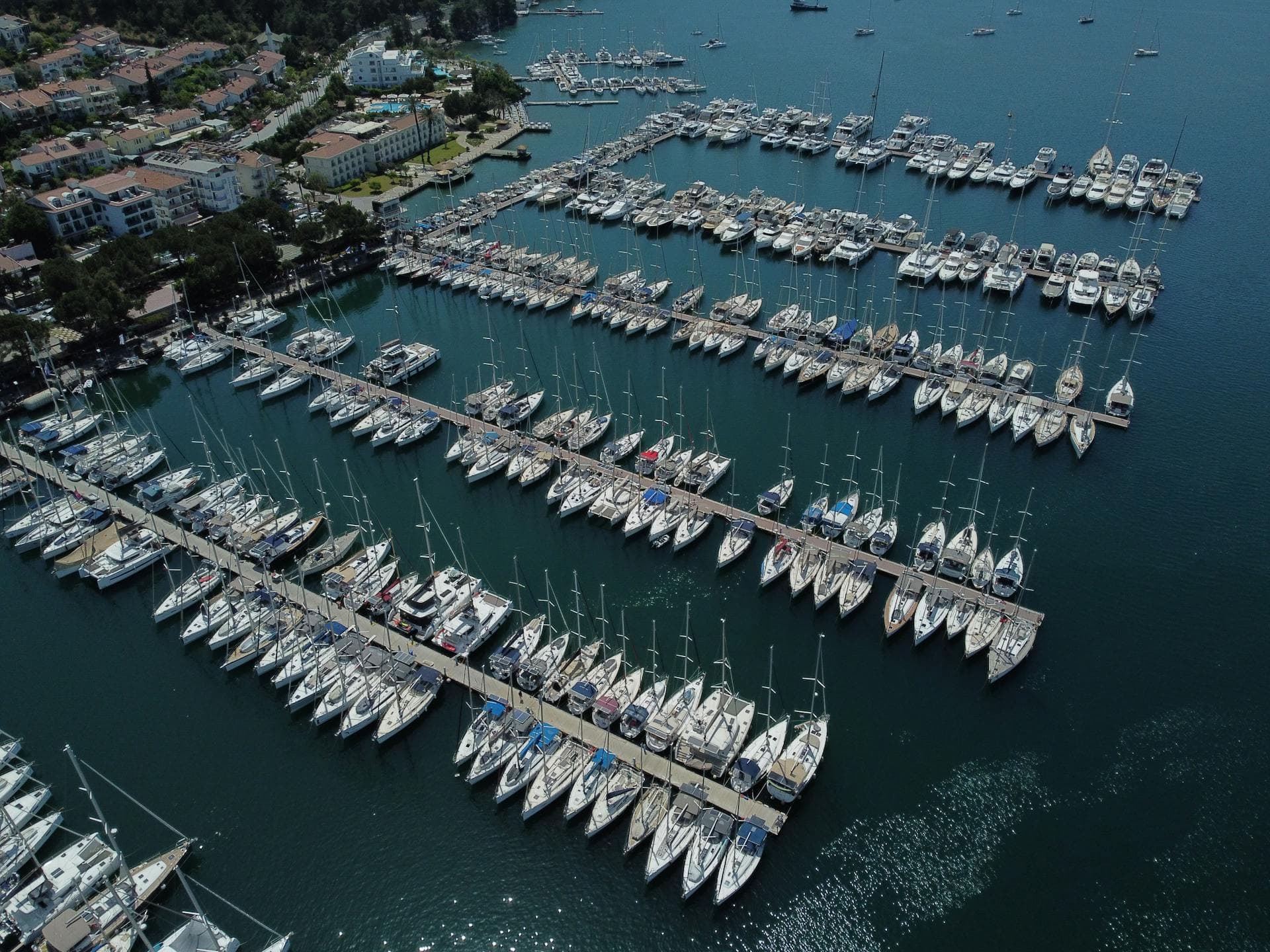 Aerial view of marina with yachts in Florida